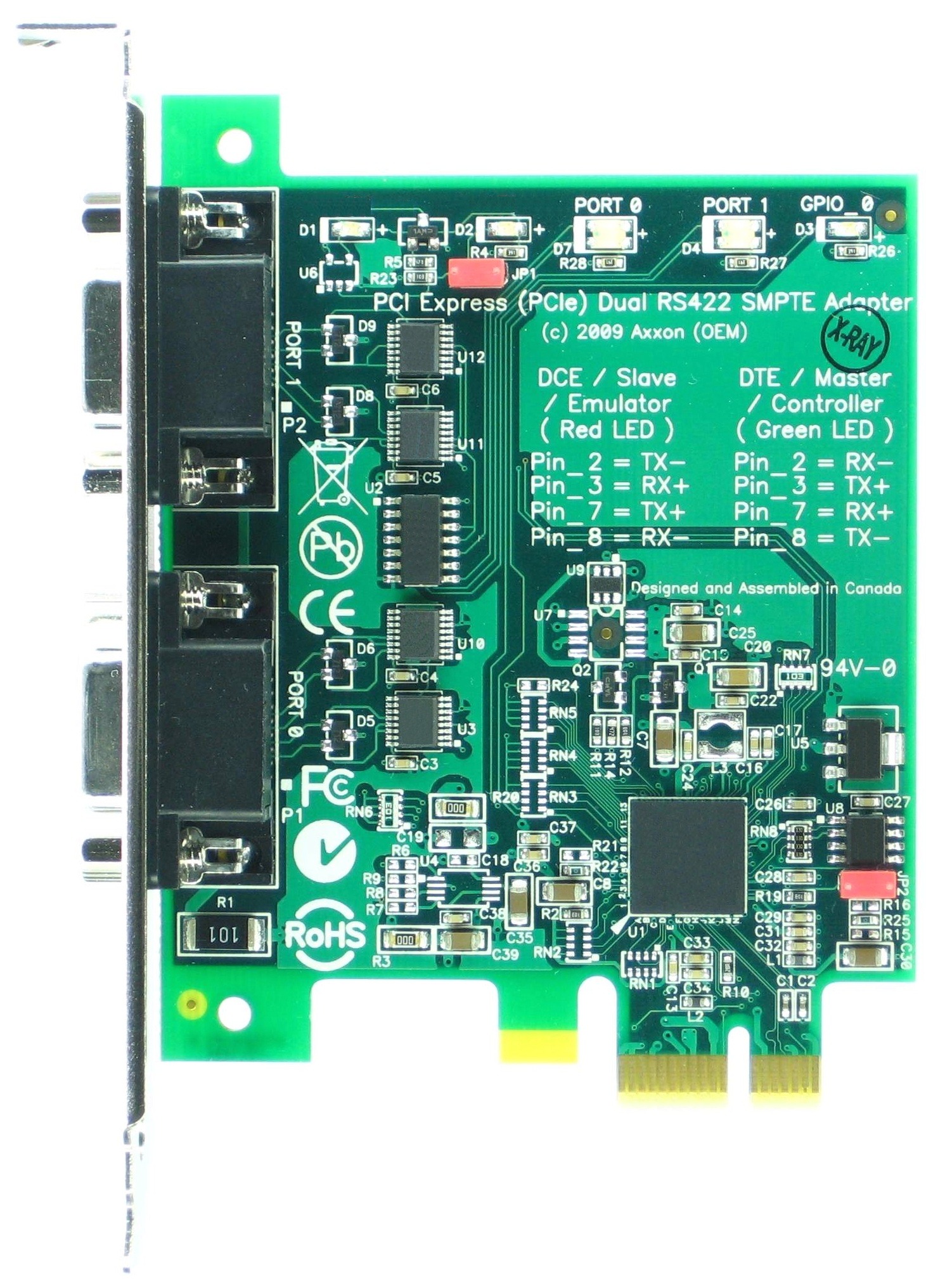Click for large picture of the PCI Express (PCIe) LF775KB SMPTE Dual RS422 adapter